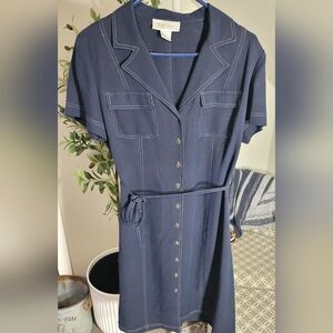 Diane Von Furstenberg Silk Assests Midi Button Down Shirt Dress Navy Medium